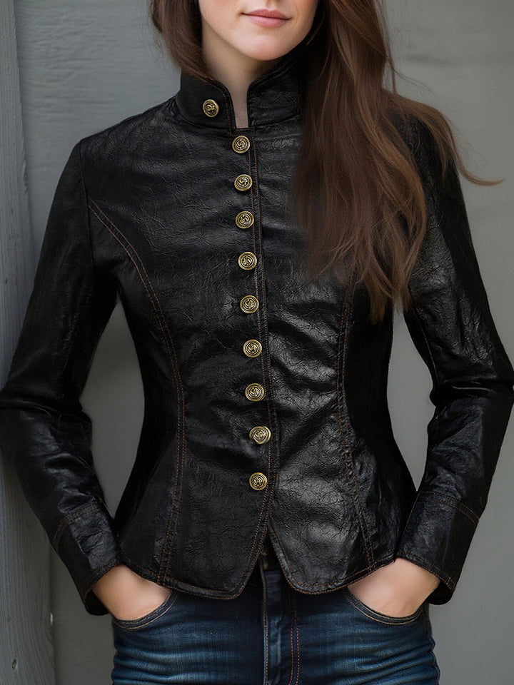Retro stand collar metal button PU jacket front view