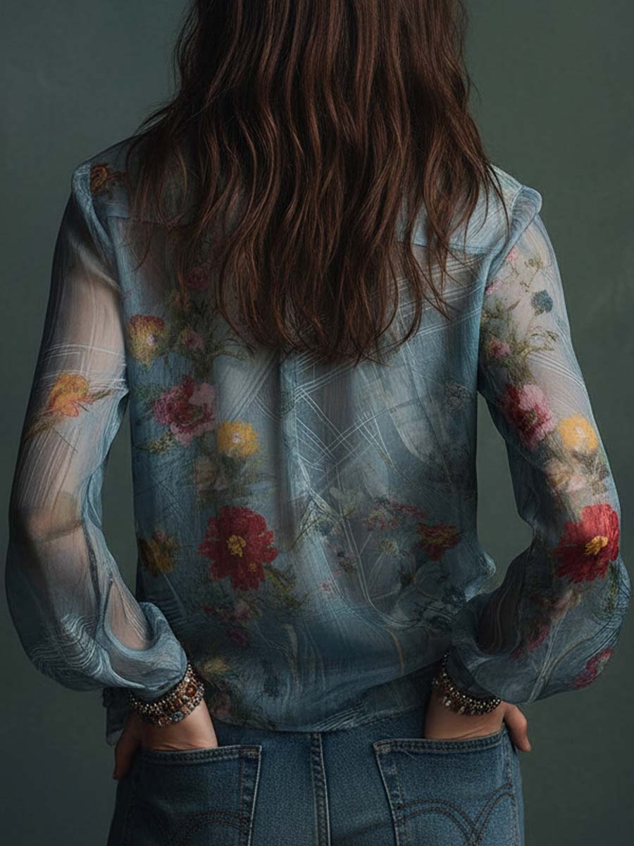 Boho sheer floral blouse back view