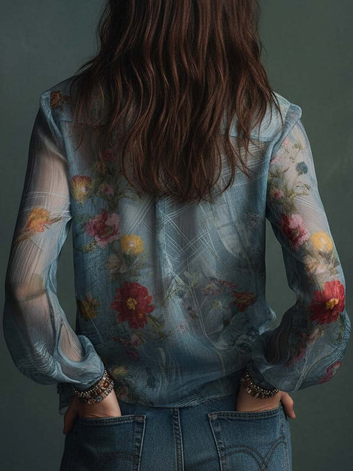 Boho sheer floral blouse back view