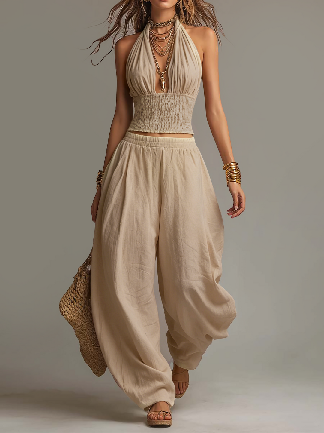 Cotton-linen halter smocked crop top harem pants set front view