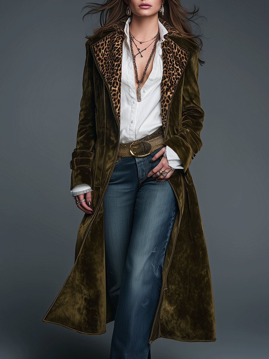 Boho luxe olive velvet leopard lapel long coat front view