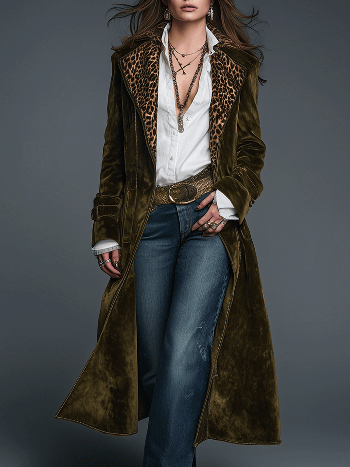 Boho luxe olive velvet leopard lapel long coat front view