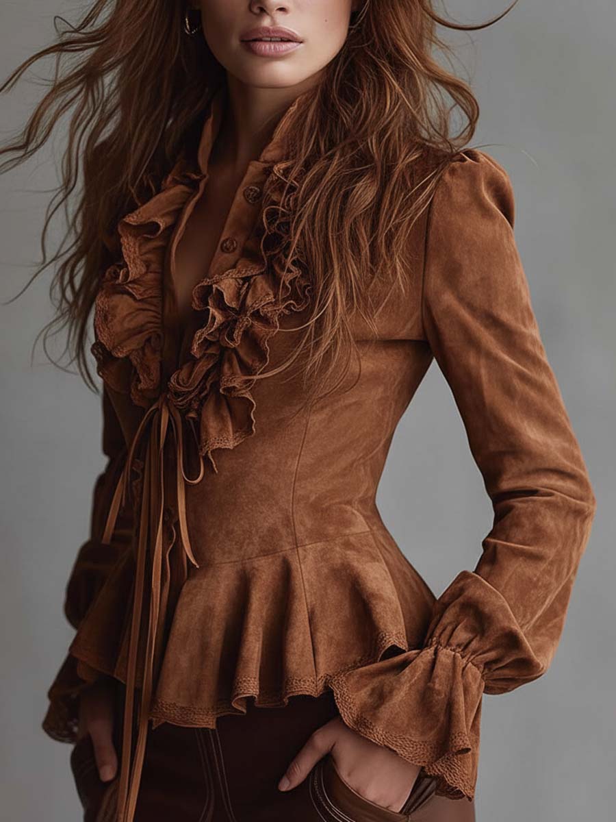 Vintage caramel eco-suede ruffle blouse lace trim back view