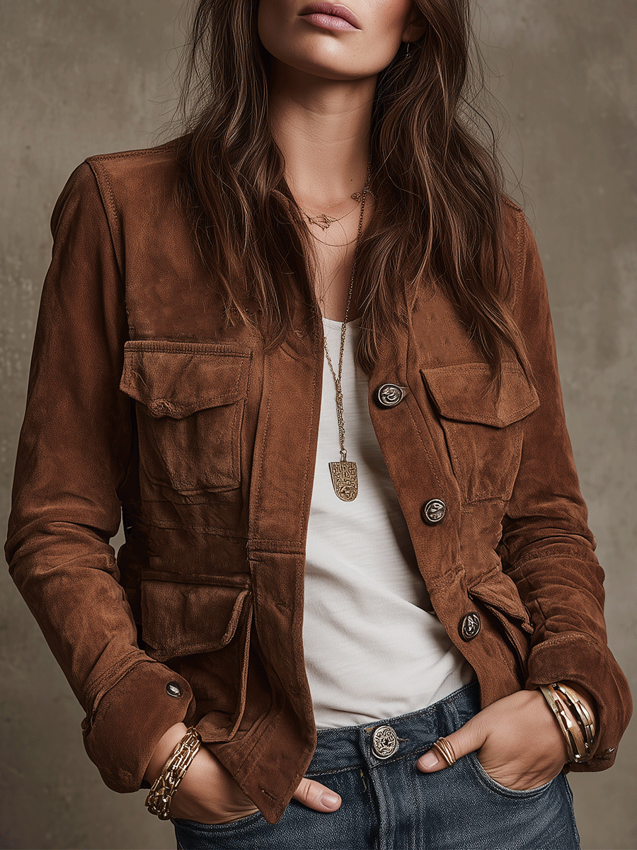 Vintage brown suede utility jacket front view