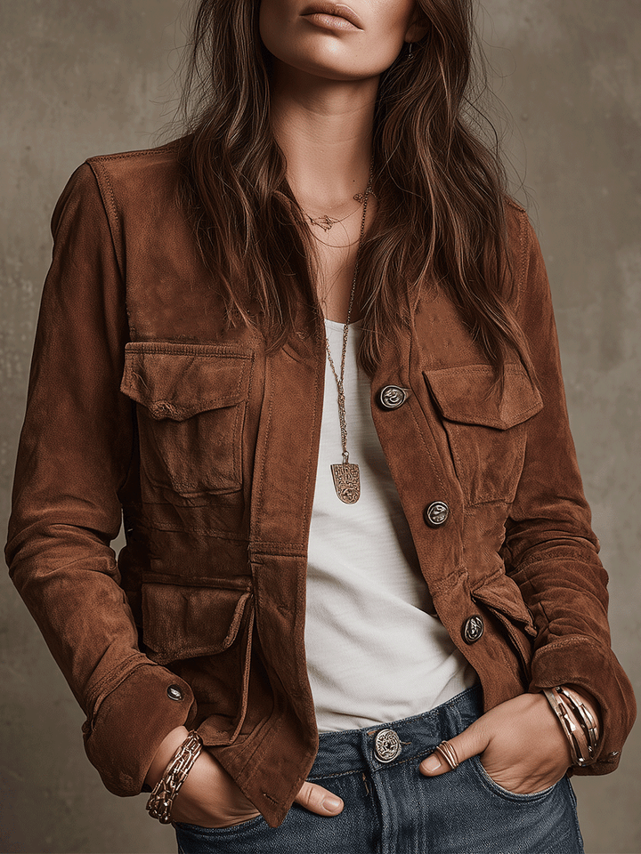 Vintage brown suede utility jacket front view