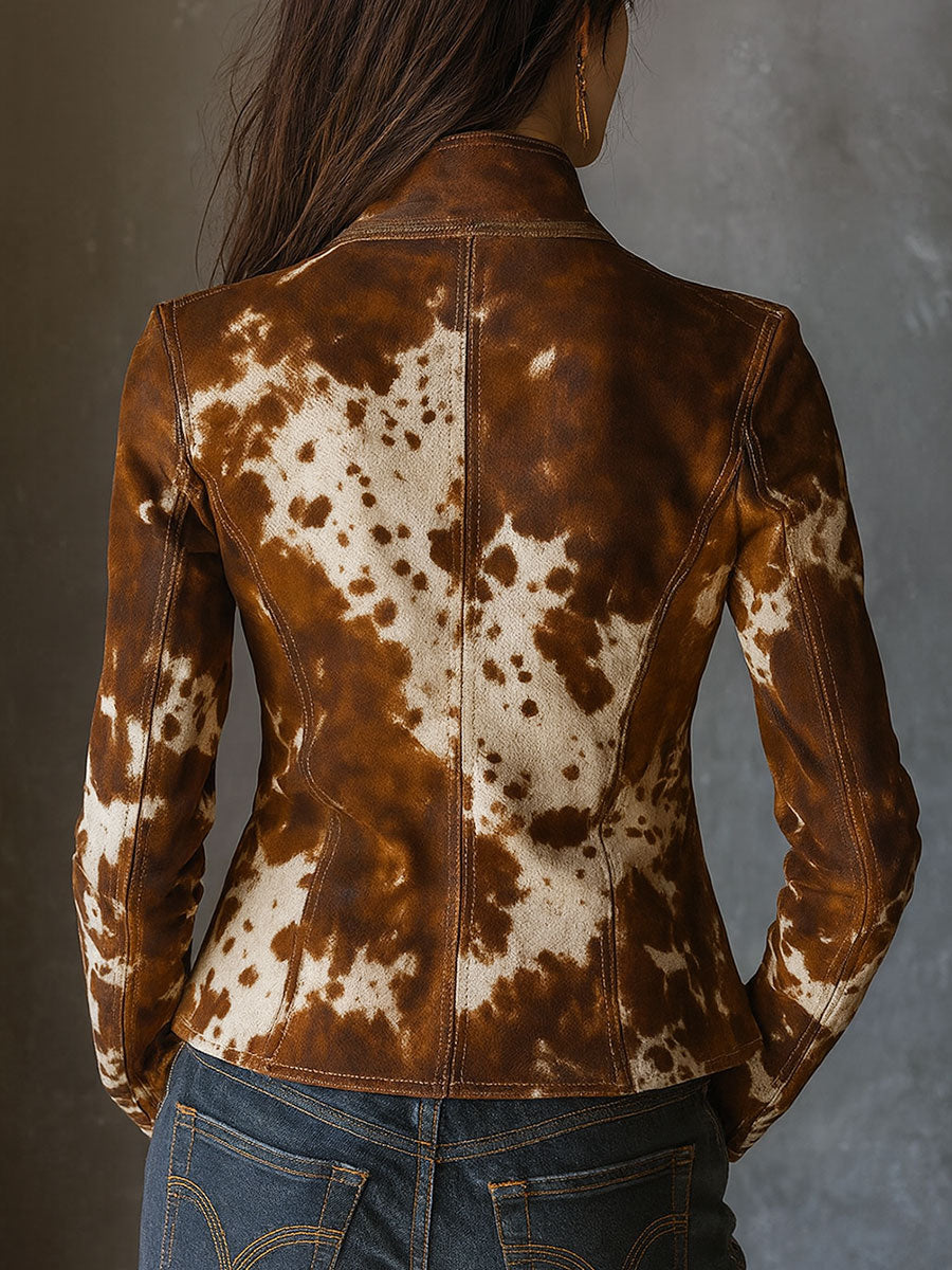 Cow print suede jacket side view