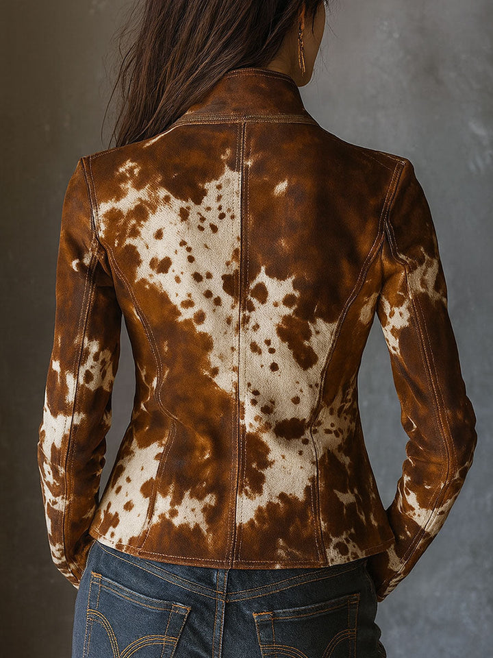 Cow print suede jacket side view