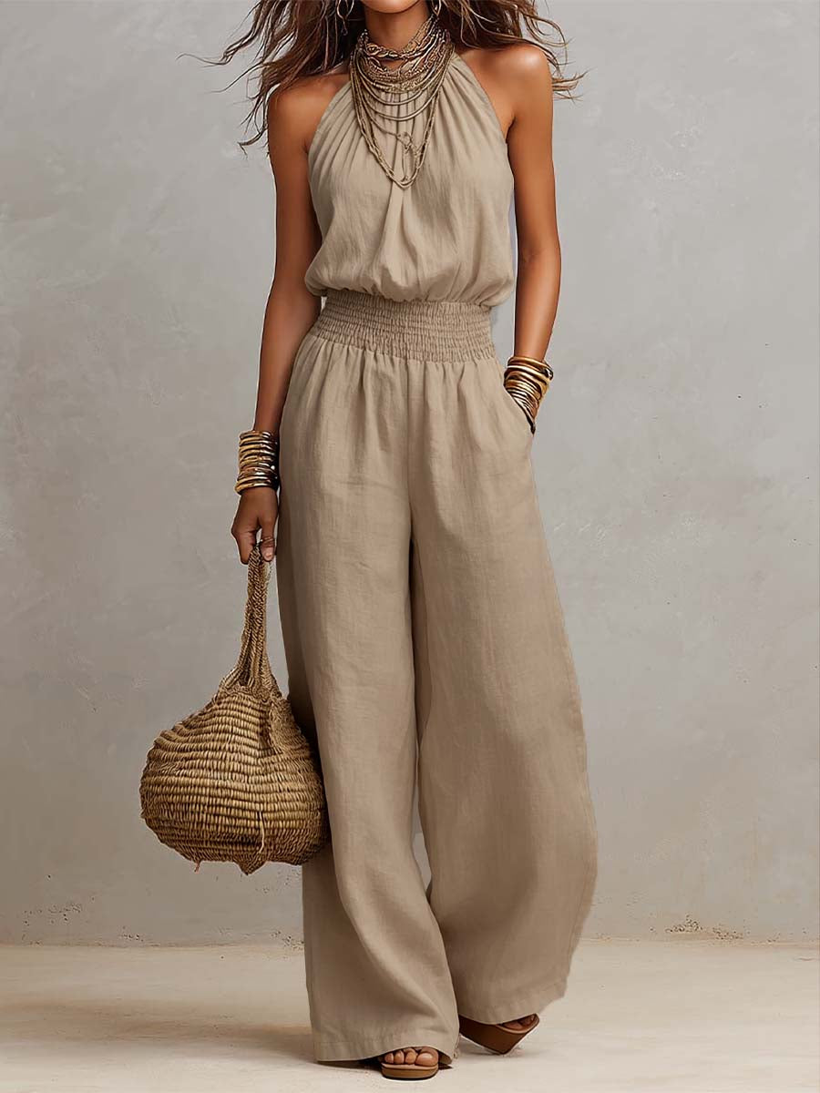 Tan cotton linen halter wide-leg jumpsuit front view