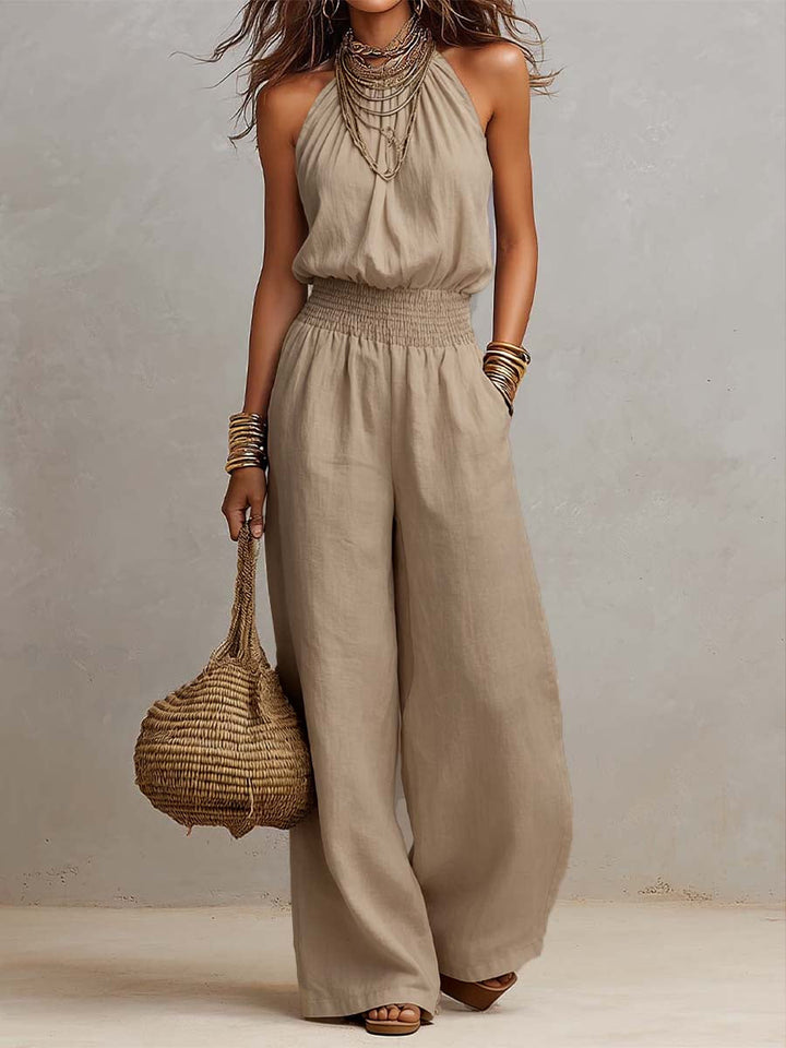 Tan cotton linen halter wide-leg jumpsuit front view