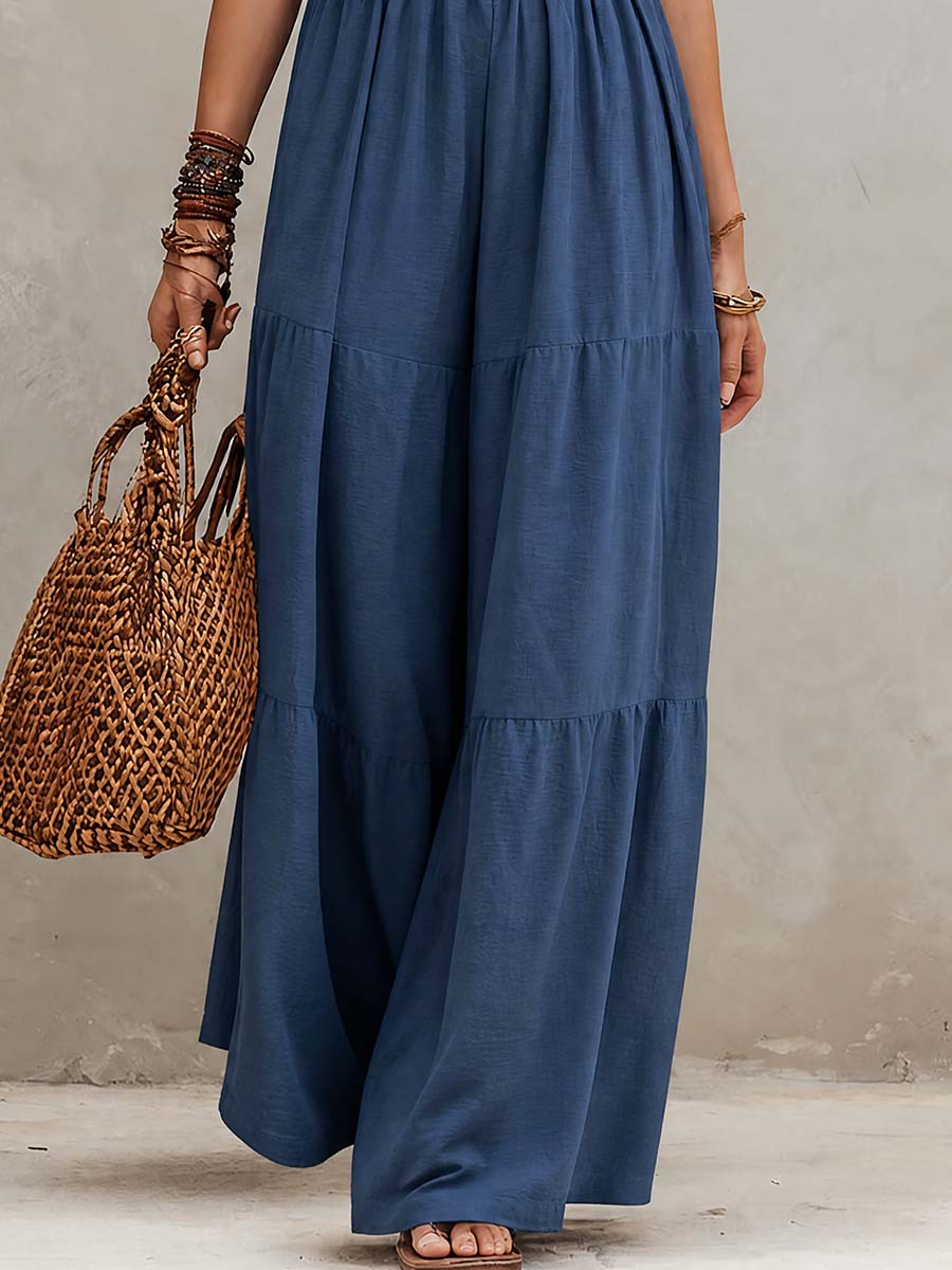 Retro ruffle neck cotton linen jumpsuit detail view