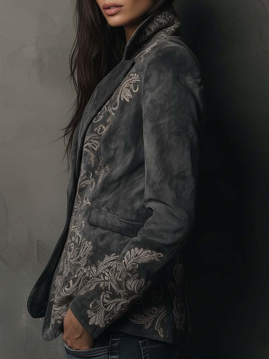 Embossed floral eco-suede blazer charcoal taupe back view