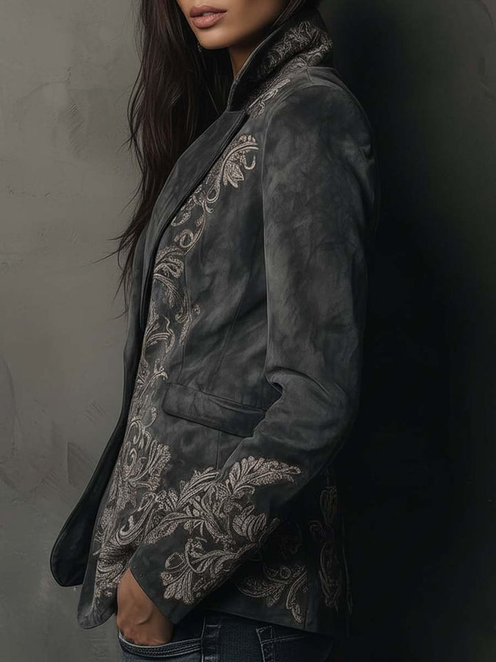 Embossed floral eco-suede blazer charcoal taupe back view