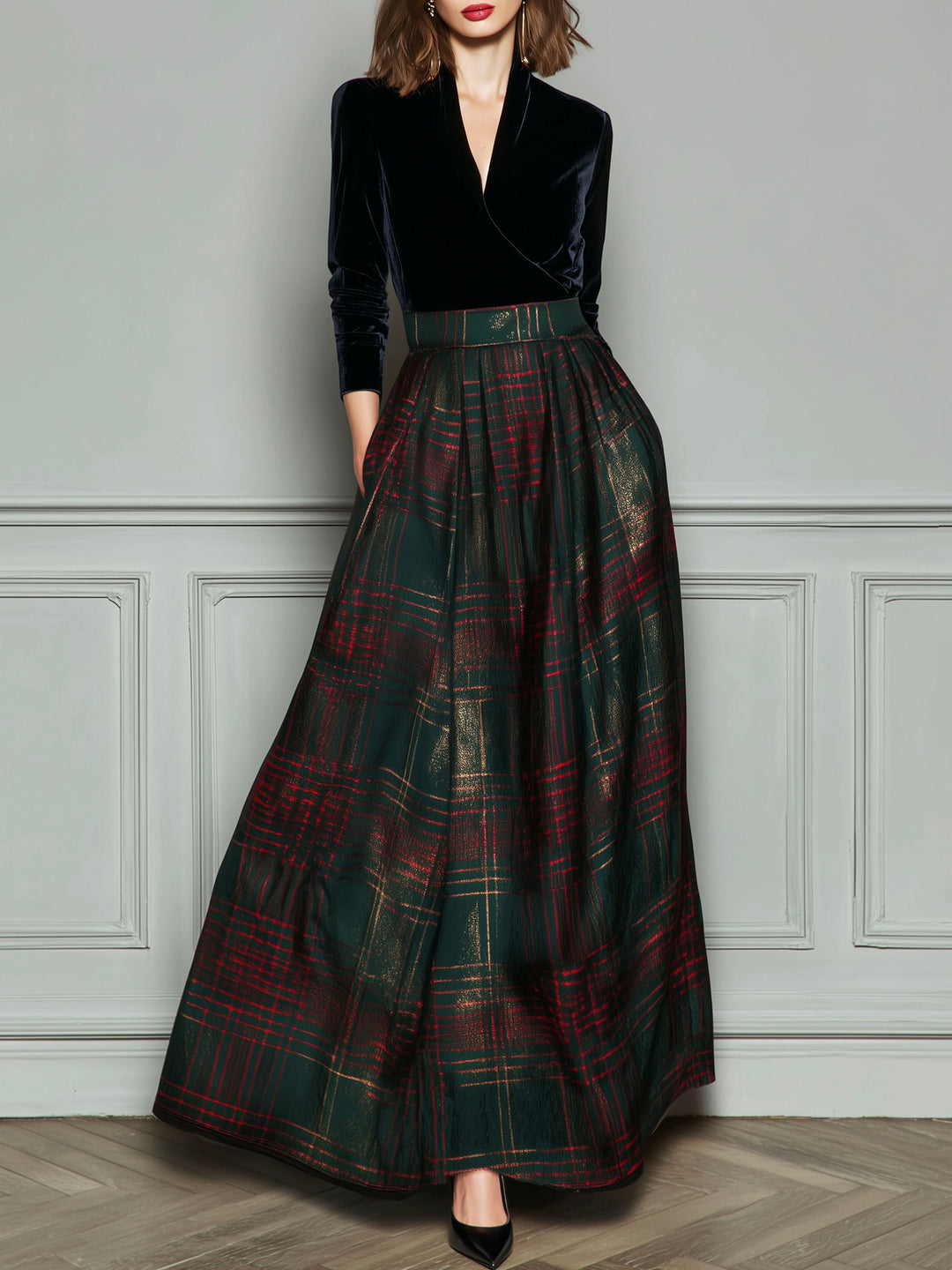 Elegant high waist velvet plaid evening gown full skirt front view