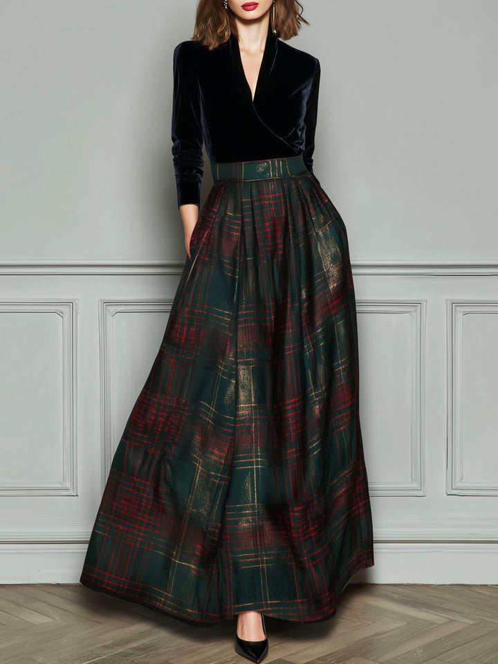 Elegant high waist velvet plaid evening gown full skirt front view