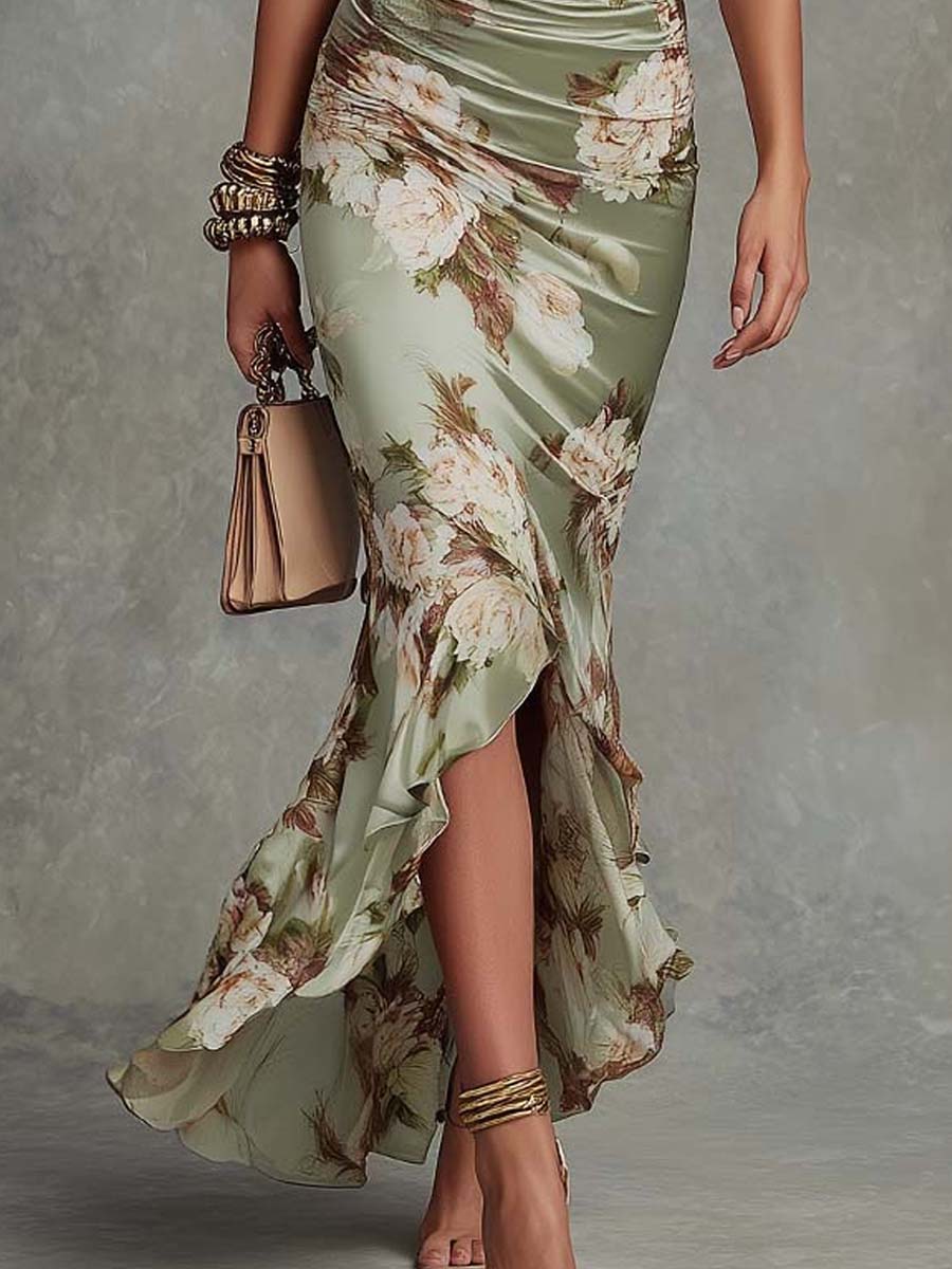 Retro floral ruched maxi dress styled look