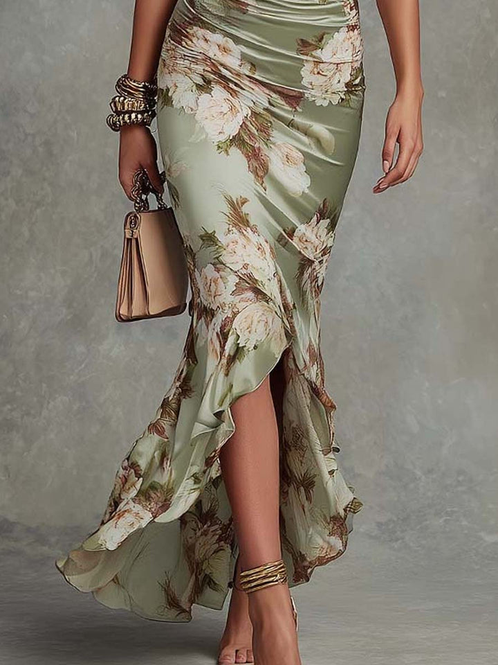 Retro floral ruched maxi dress styled look