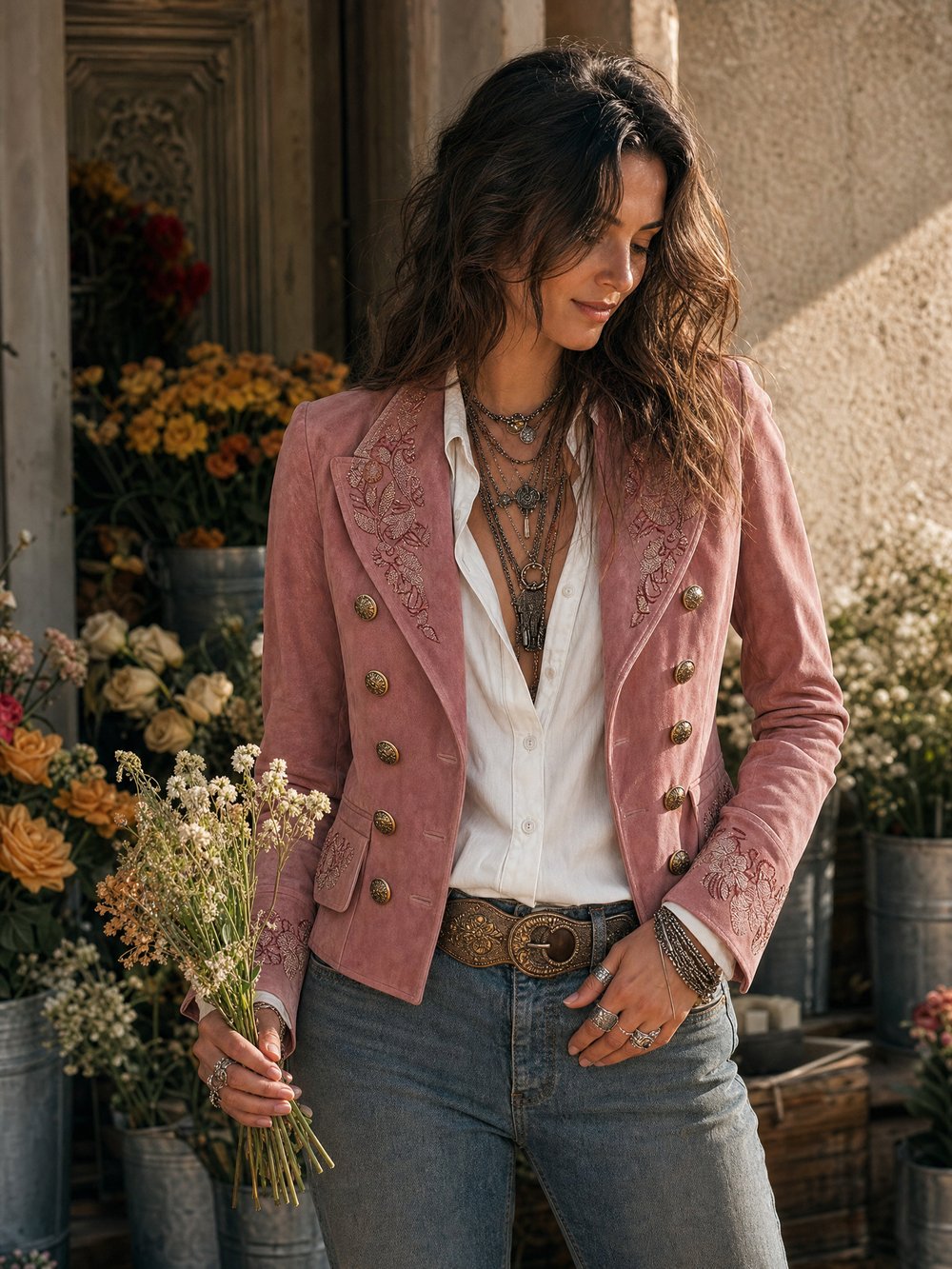 Suede embroidery jacket double-breasted button detail