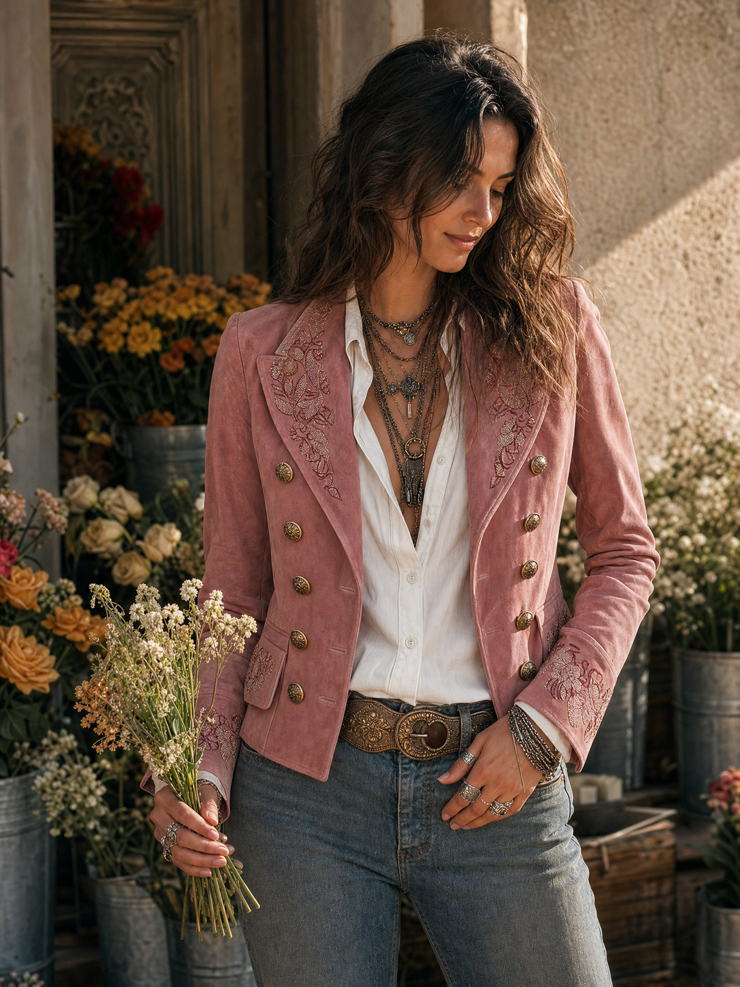Suede embroidery jacket double-breasted button detail