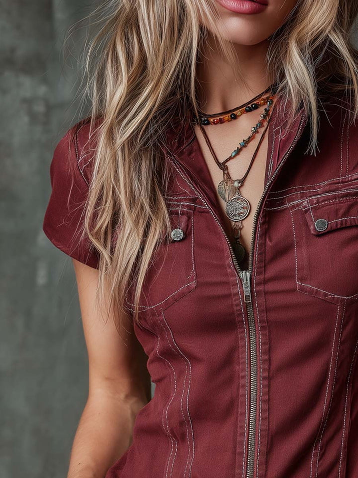 Zippered denim blouse side view