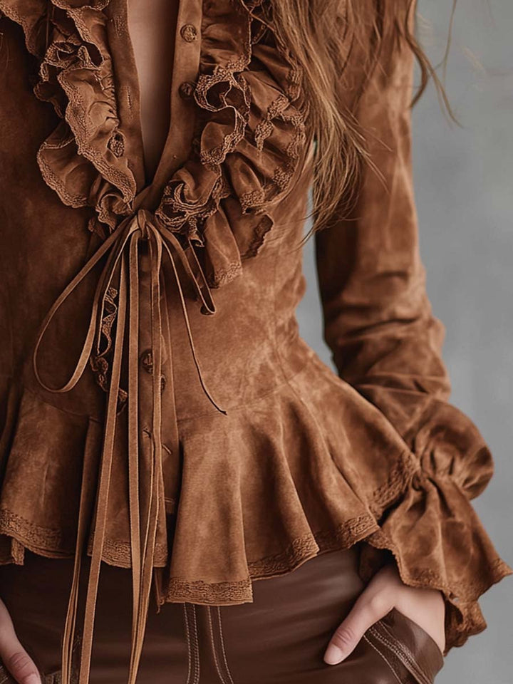 Vintage caramel eco-suede ruffle blouse lace trim styled view