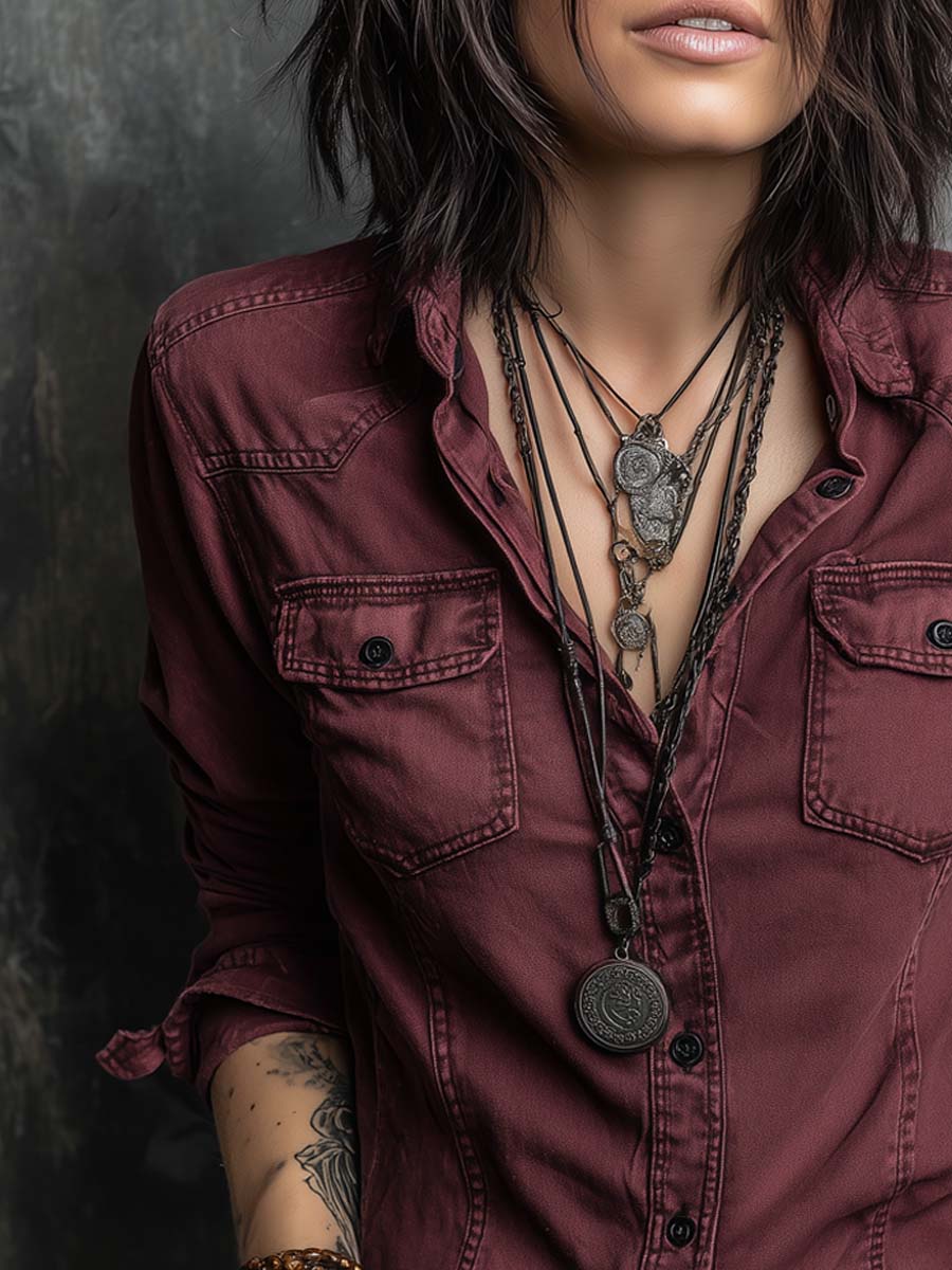 Chest pocket denim blouse detail view