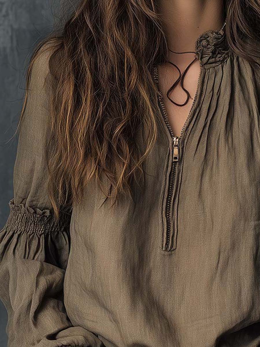 Boho ruffled cuff half-zip blouse side view