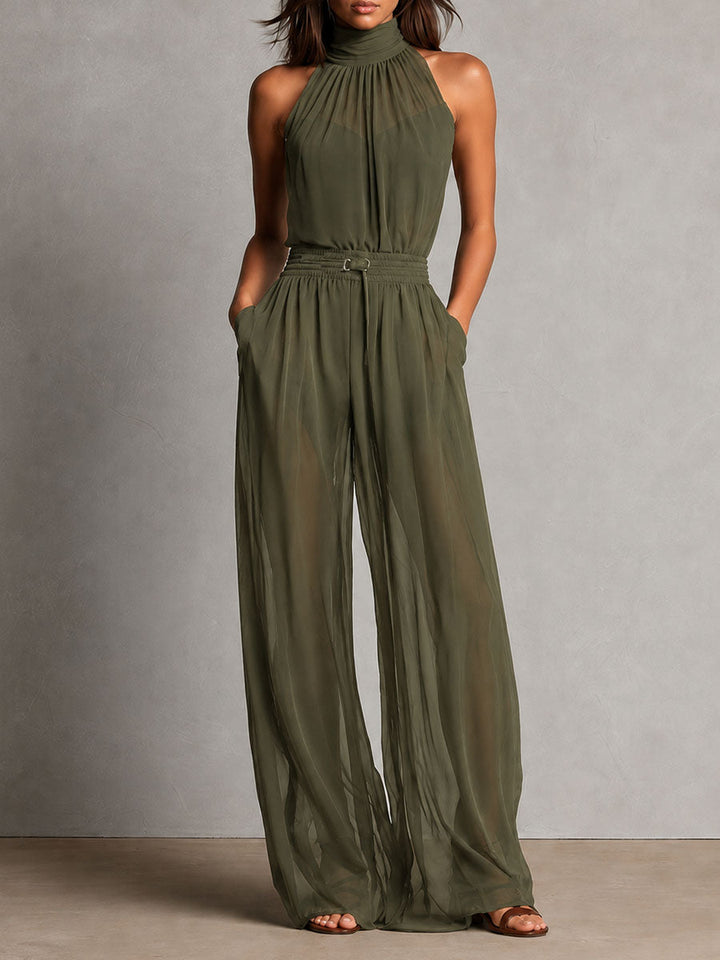 Black sheer halter jumpsuit side view