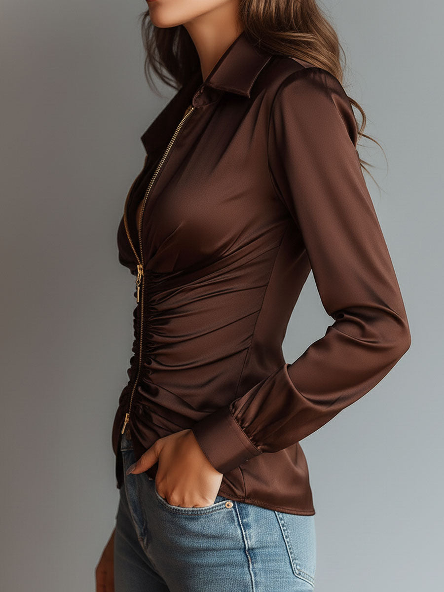 Luxe mocha satin blouse full length view