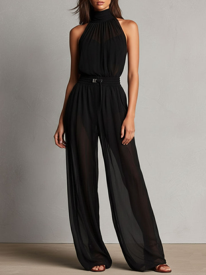 Elegant black halter wide-leg jumpsuit styled look