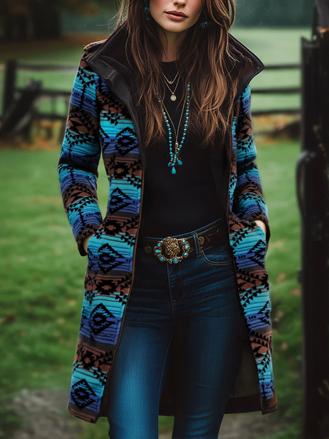 Retro boho tribal print longline wool coat front view