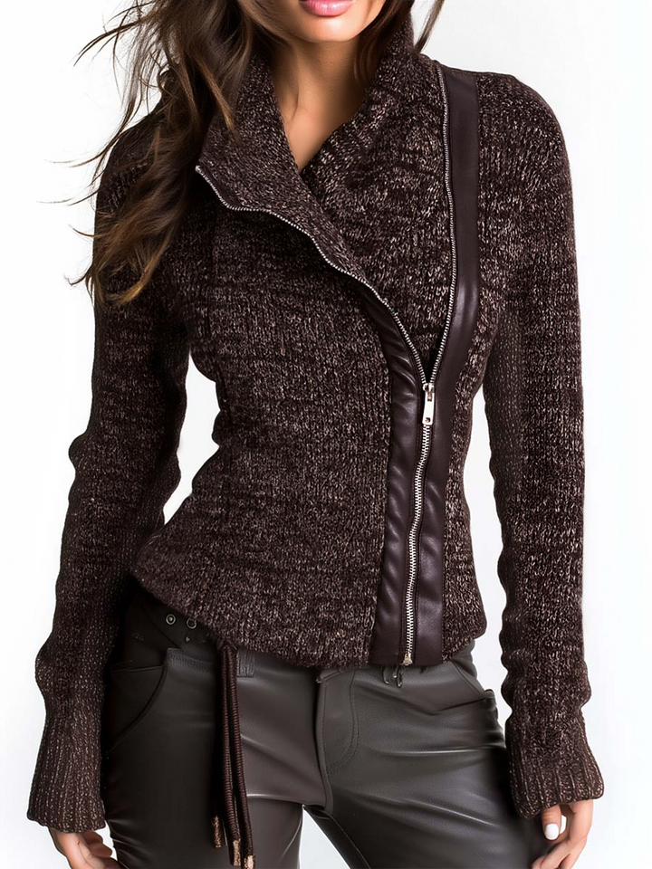Brown asymmetrical zip ribbed knit jacket front view