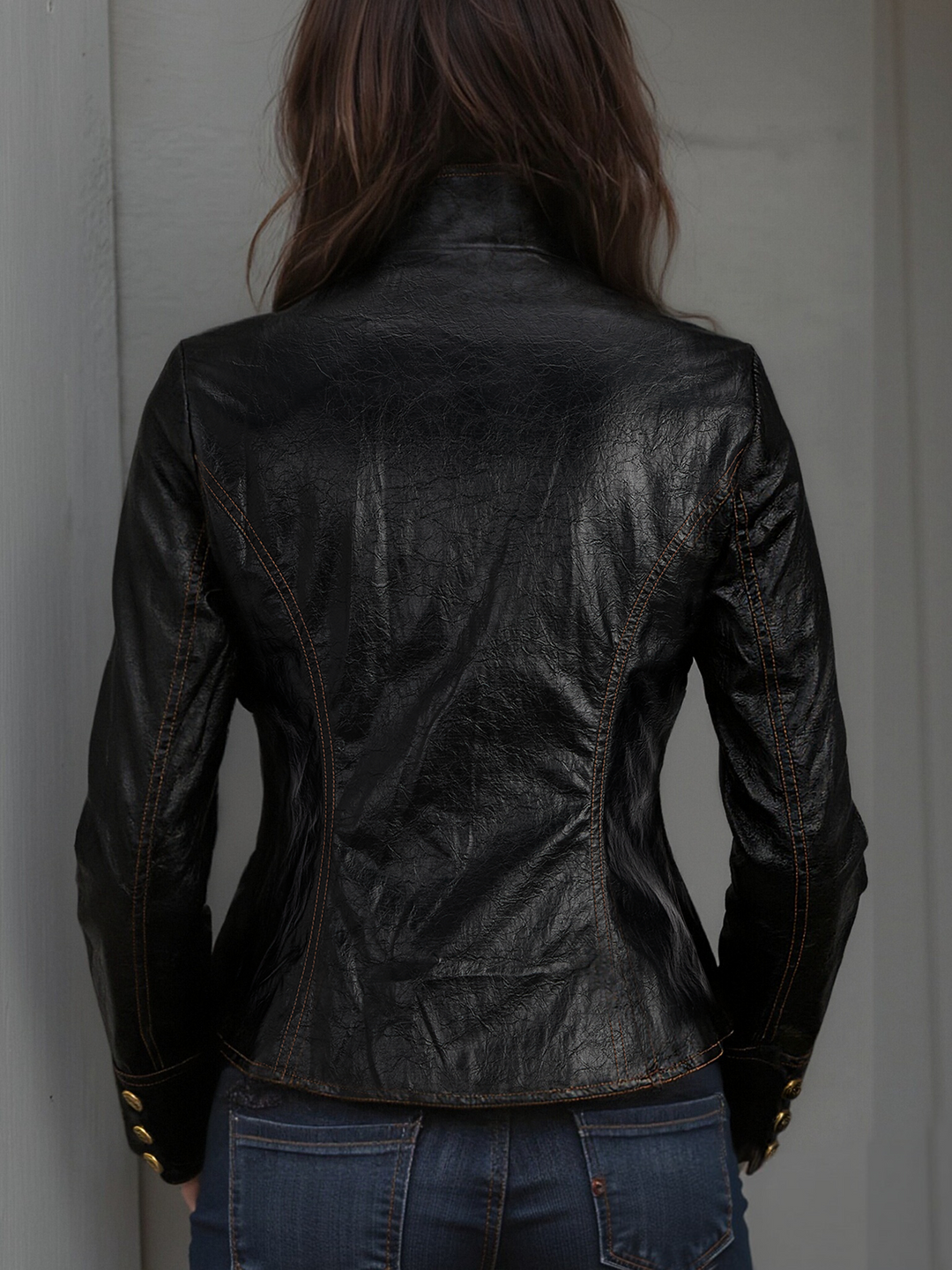 Stand collar PU jacket side view