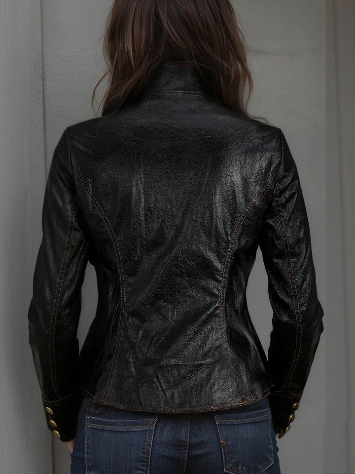 Stand collar PU jacket side view