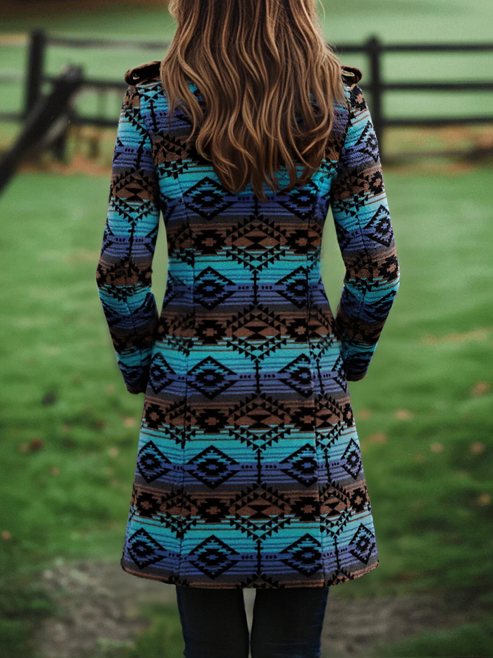 Tribal print wool coat side view
