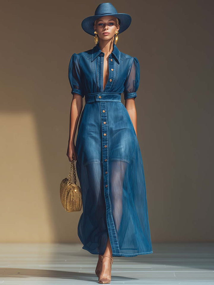 Eleanor blue denim organza dress styled – women's elegant fashion