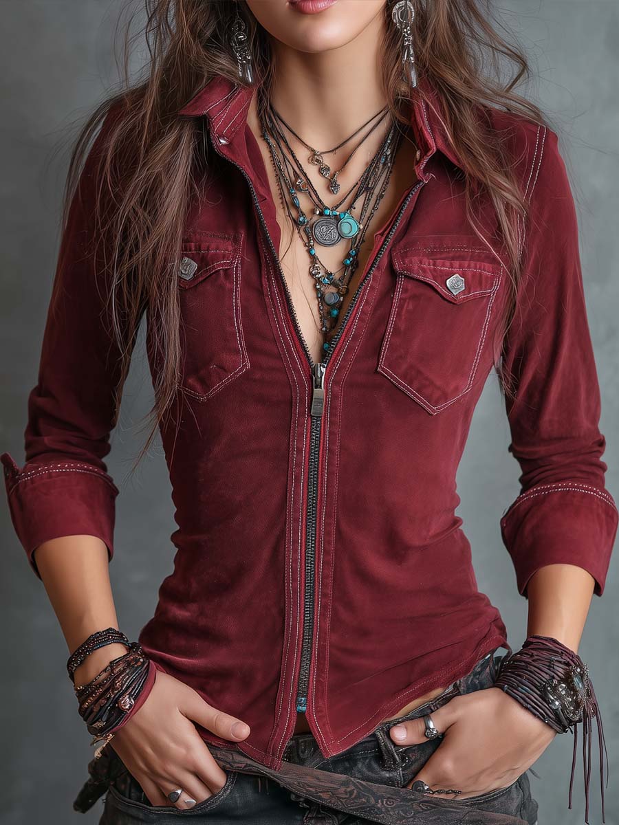 Distressed denim zip-up collar shirt front view