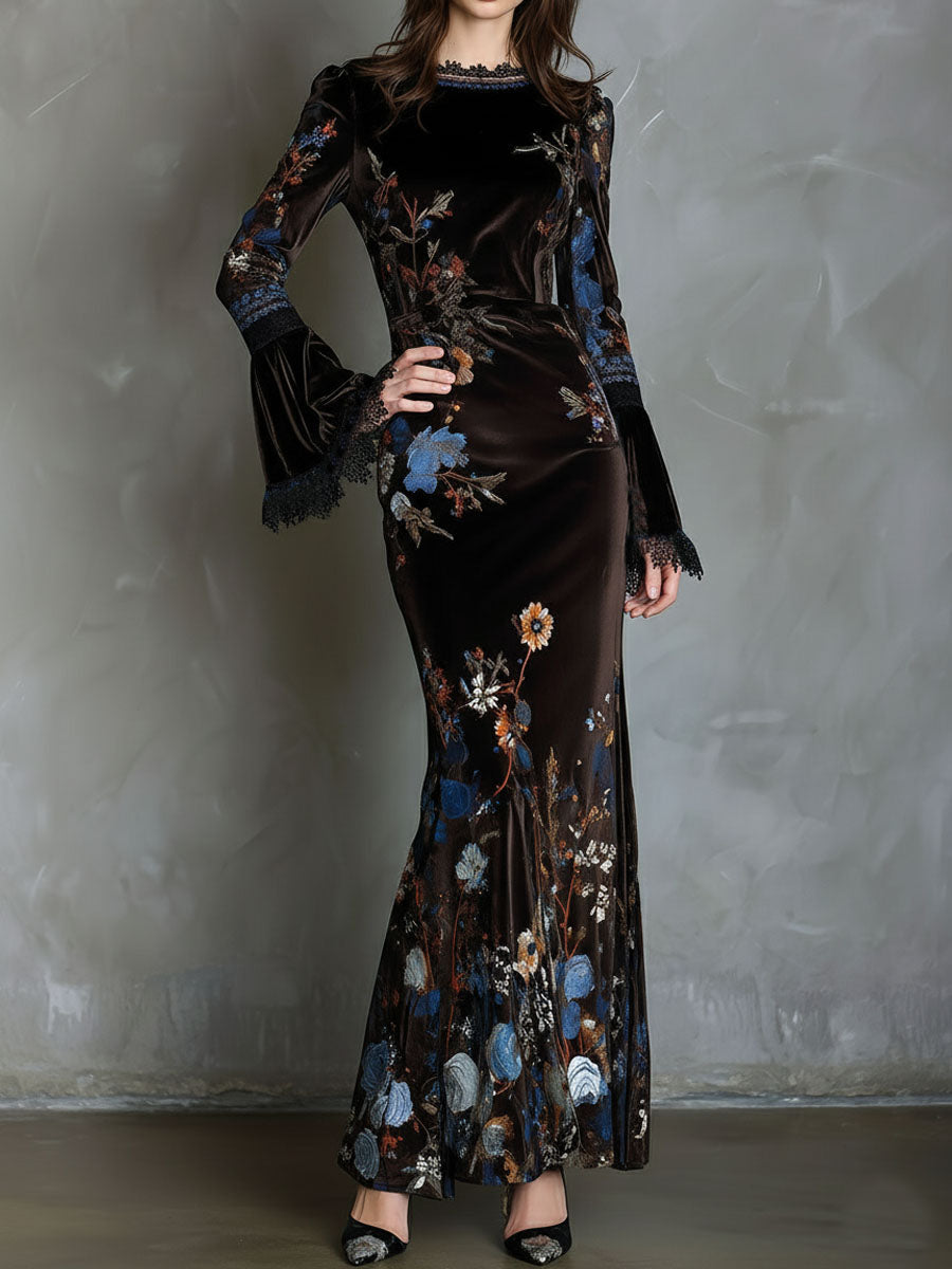 Elegance midnight velvet floral gown lace trim back view