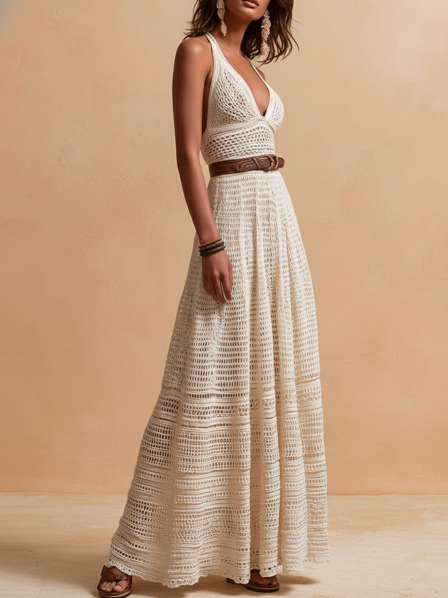 Crochet halter maxi dress back view