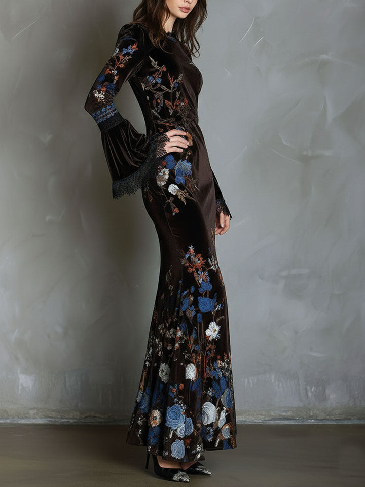 Elegance midnight velvet floral gown lace trim detail view