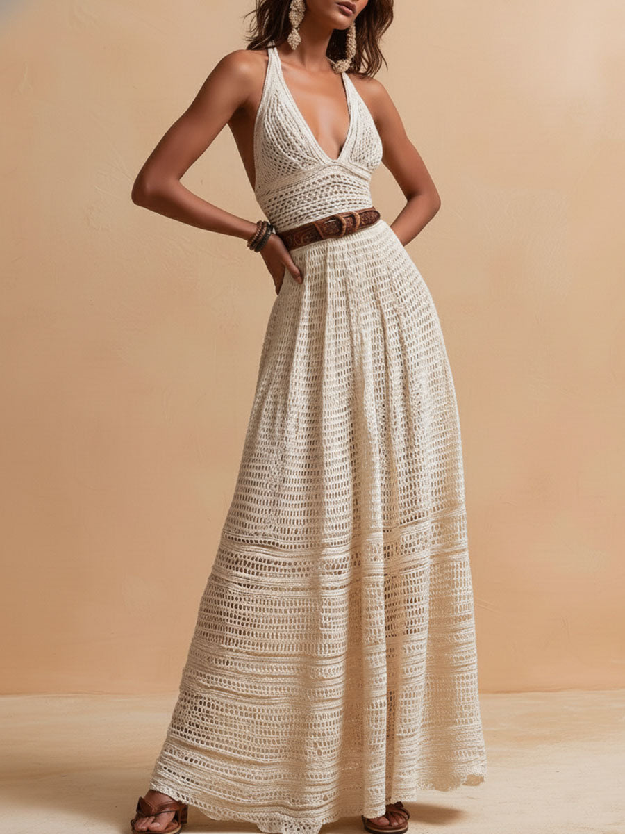 Ivory crochet maxi dress side view