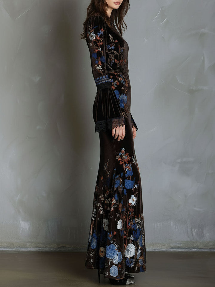 Elegance midnight velvet floral gown lace trim side view