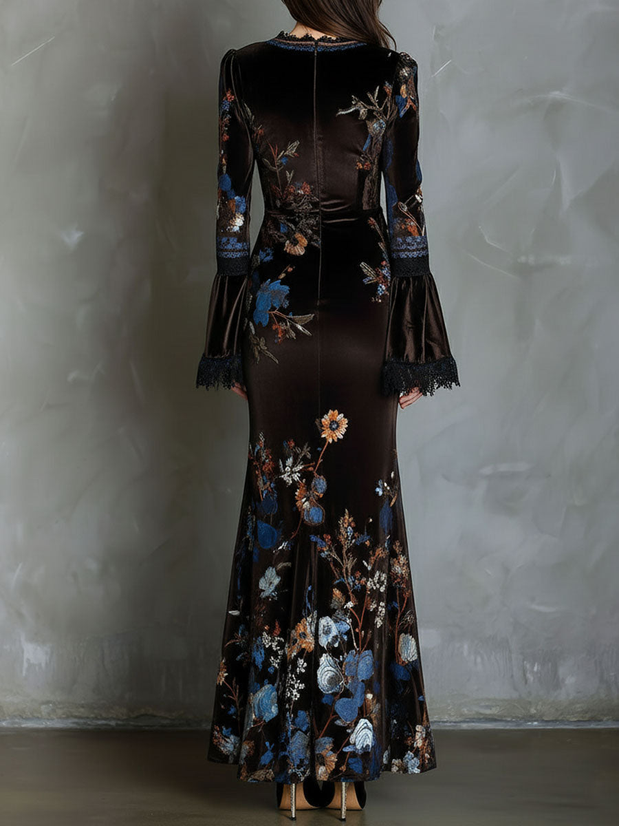 Elegance midnight velvet floral gown lace trim styled view