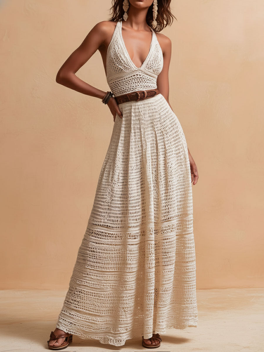 Crochet halter maxi dress waist belt detail