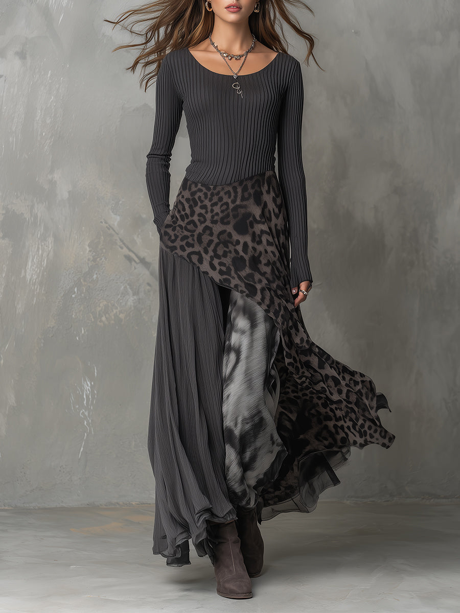 Bohemian stripe leopard print irregular hem maxi dress front view