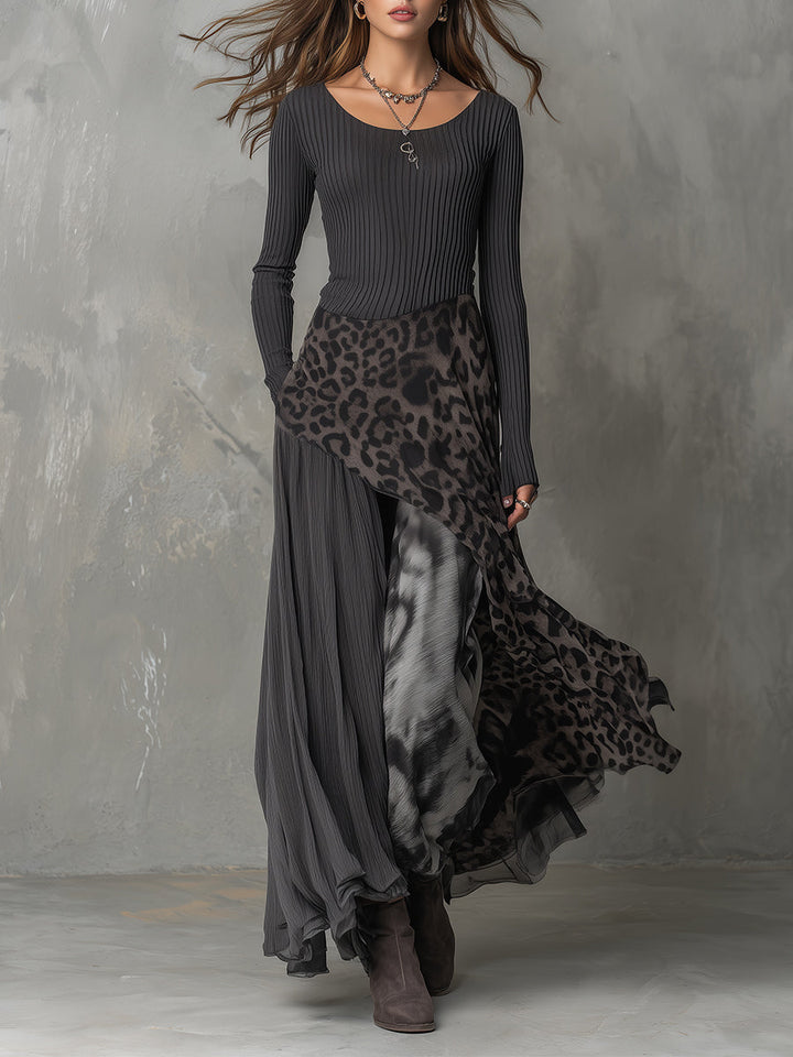 Bohemian stripe leopard print irregular hem maxi dress front view