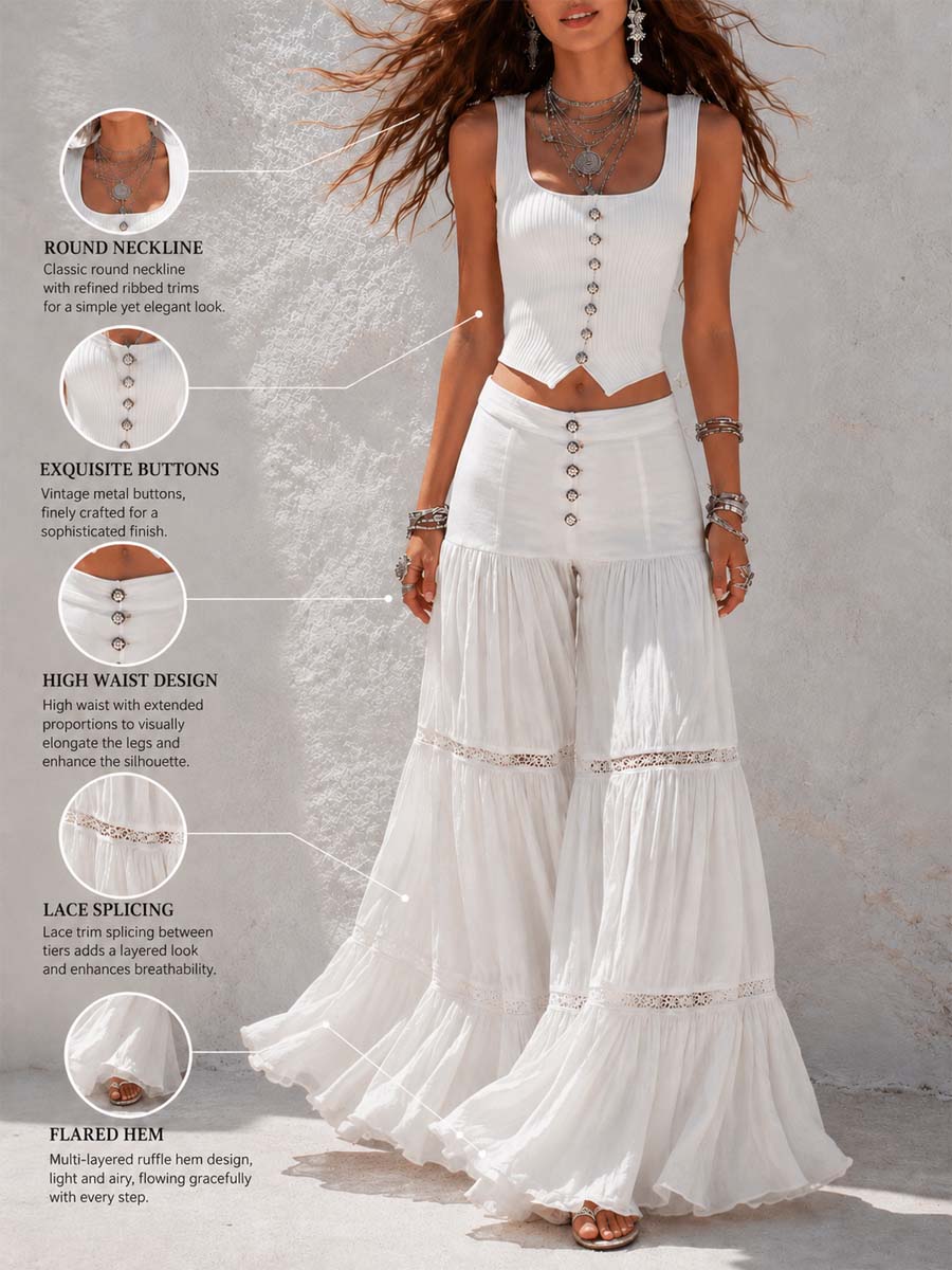Ribbed corset top tiered lace pants detail close-up