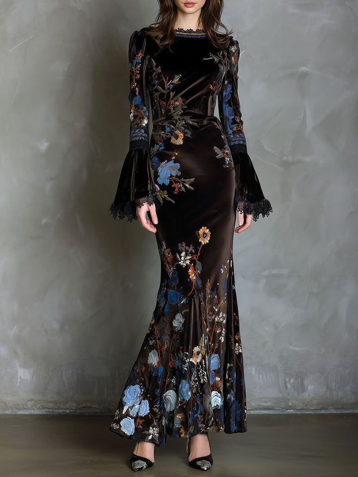 Elegance midnight velvet floral gown lace trim front view