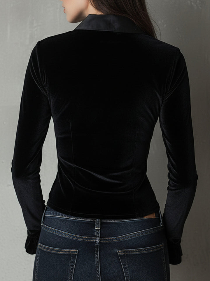 Deep V velvet ruched blouse back view
