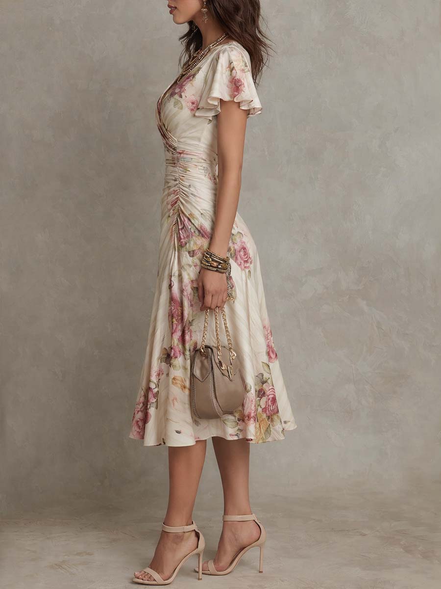 Floral chiffon midi dress detail close-up