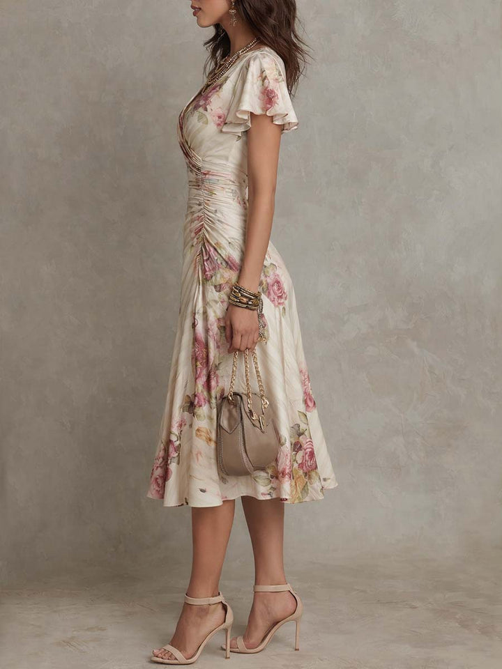 Floral chiffon midi dress detail close-up